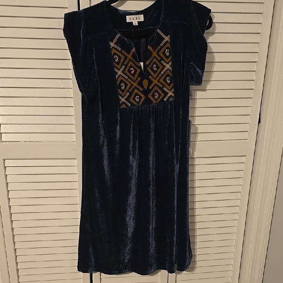 THML Velvet Embroidered Dress NWT | Blue & Gold Flutter Sleeve Holiday Style S - Picture 1 of 3